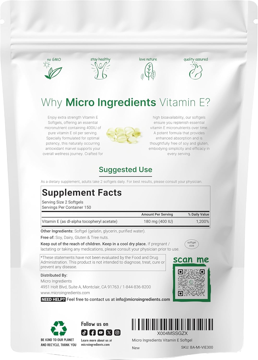 Micro Ingredients Vitamin E 400IU, 300 Softgels | Pure Vitamin E Oil Pills | Antioxidant Supplements for Skin, Face, Heart, & Immune Health | Non-GMO, Gluten Free* - PrimeBioHealth - canada supplements