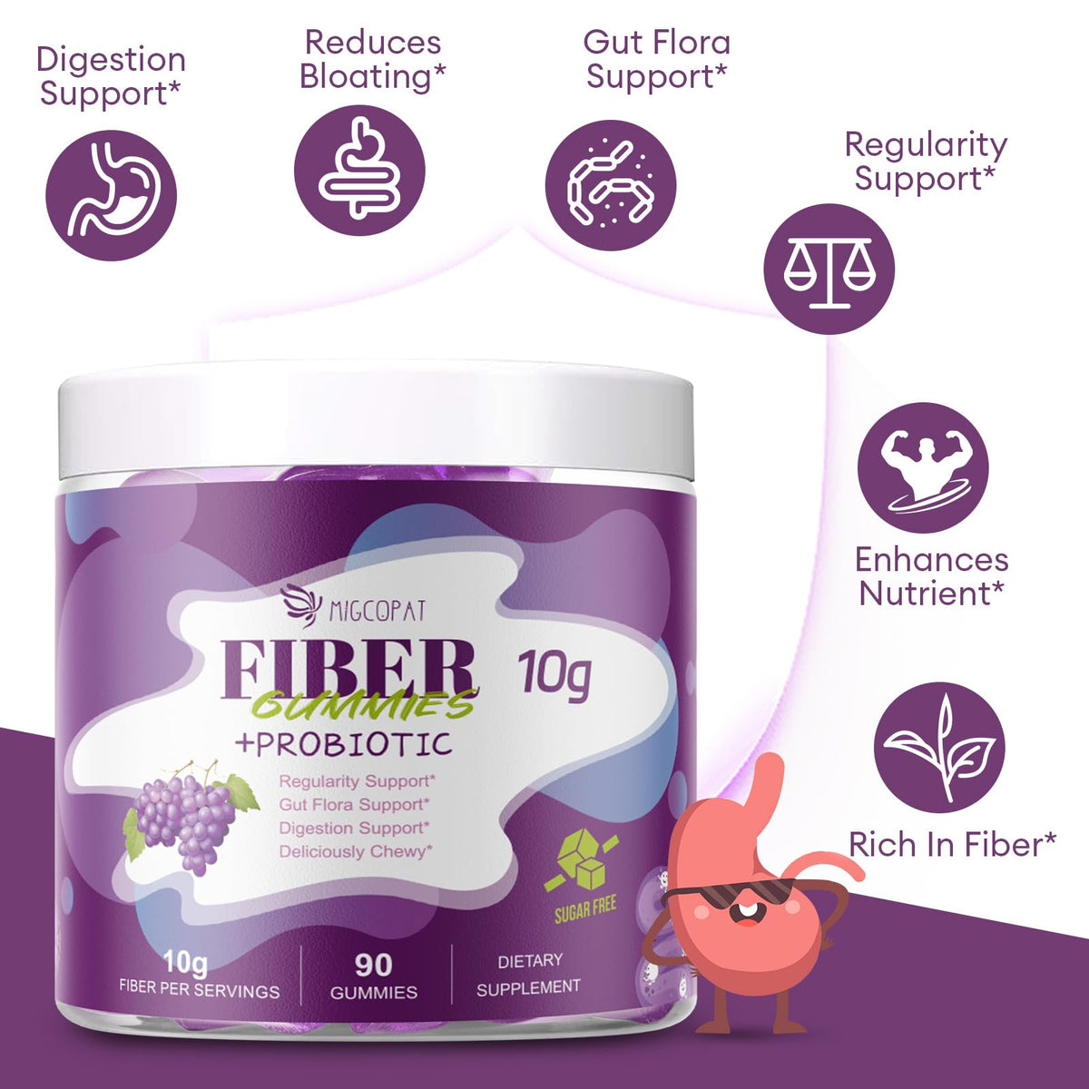 Migcopat 10G Fiber Gummies for Adults, No Sugar Added Grape Flavor, Fiber Supplement with 30 Billion CFU Probiotics Blend, ACV, Vitamin C, - PrimeBioHealth - canada supplements