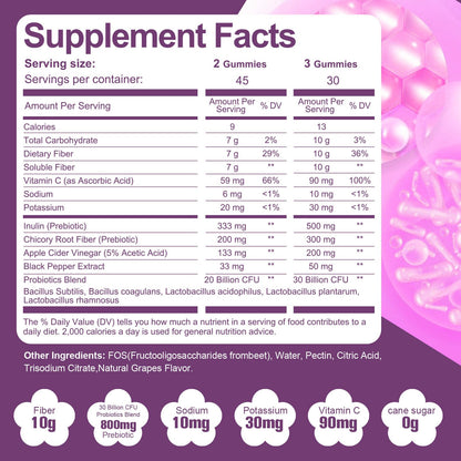 Migcopat 10G Fiber Gummies for Adults, No Sugar Added Grape Flavor, Fiber Supplement with 30 Billion CFU Probiotics Blend, ACV, Vitamin C, - PrimeBioHealth - canada supplements