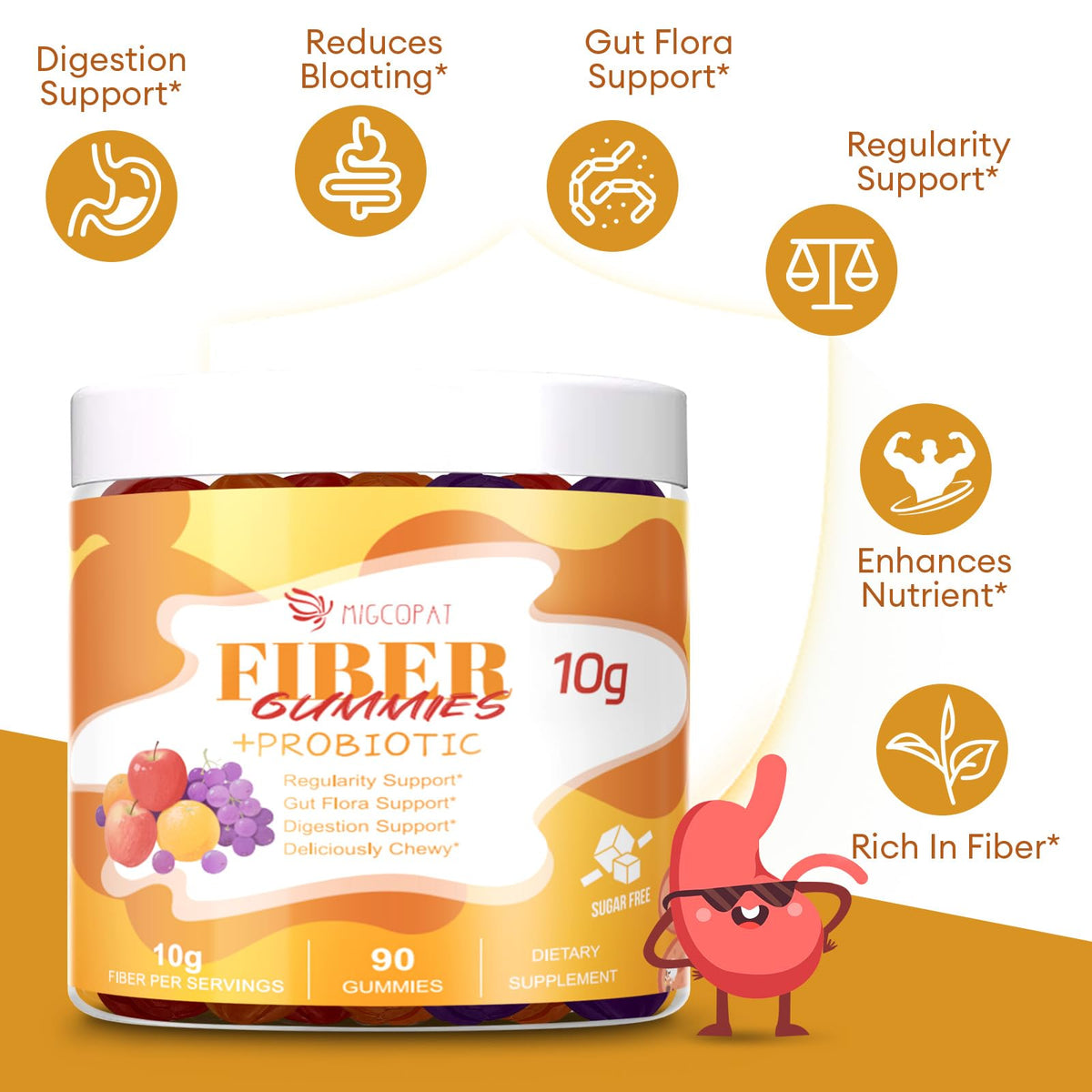 Migcopat 10G Fiber Gummies for Adults - Support Digestive Health - Fiber Supplement with 30 Billion CFU Probiotics Blend, ACV, Vitamin C, Inulin - No Sugar Added - Fruit Flavored - 180 Count - PrimeBioHealth - canada supplements