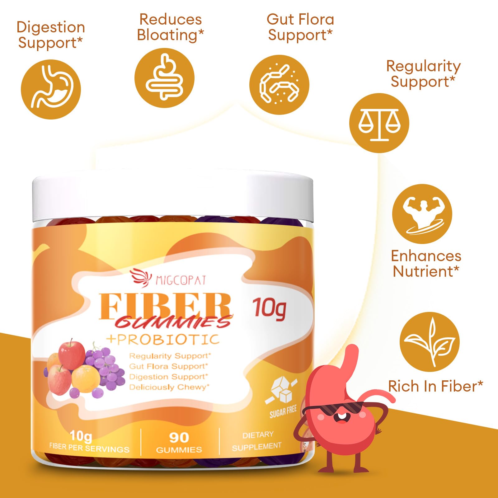 Migcopat 10G Fiber Gummies for Adults - Support Digestive Health - Fiber Supplement with 30 Billion CFU Probiotics Blend, ACV, Vitamin C, Inulin - No Sugar Added - Fruit Flavored - 180 Count - PrimeBioHealth - canada supplements