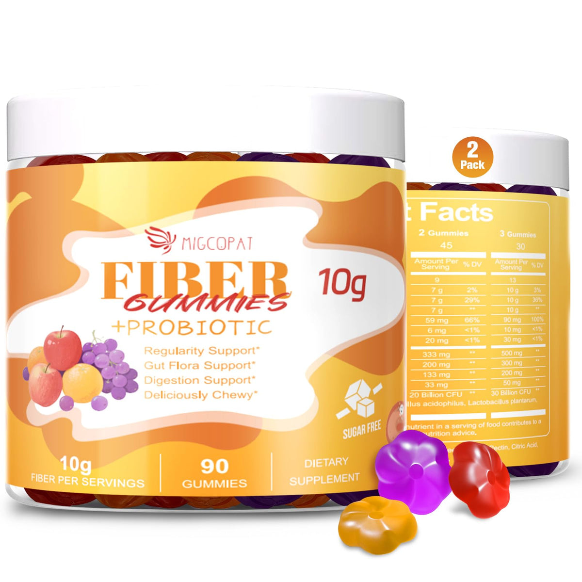 Migcopat 10G Fiber Gummies for Adults - Support Digestive Health - Fiber Supplement with 30 Billion CFU Probiotics Blend, ACV, Vitamin C, Inulin - No Sugar Added - Fruit Flavored - 180 Count - PrimeBioHealth - canada supplements