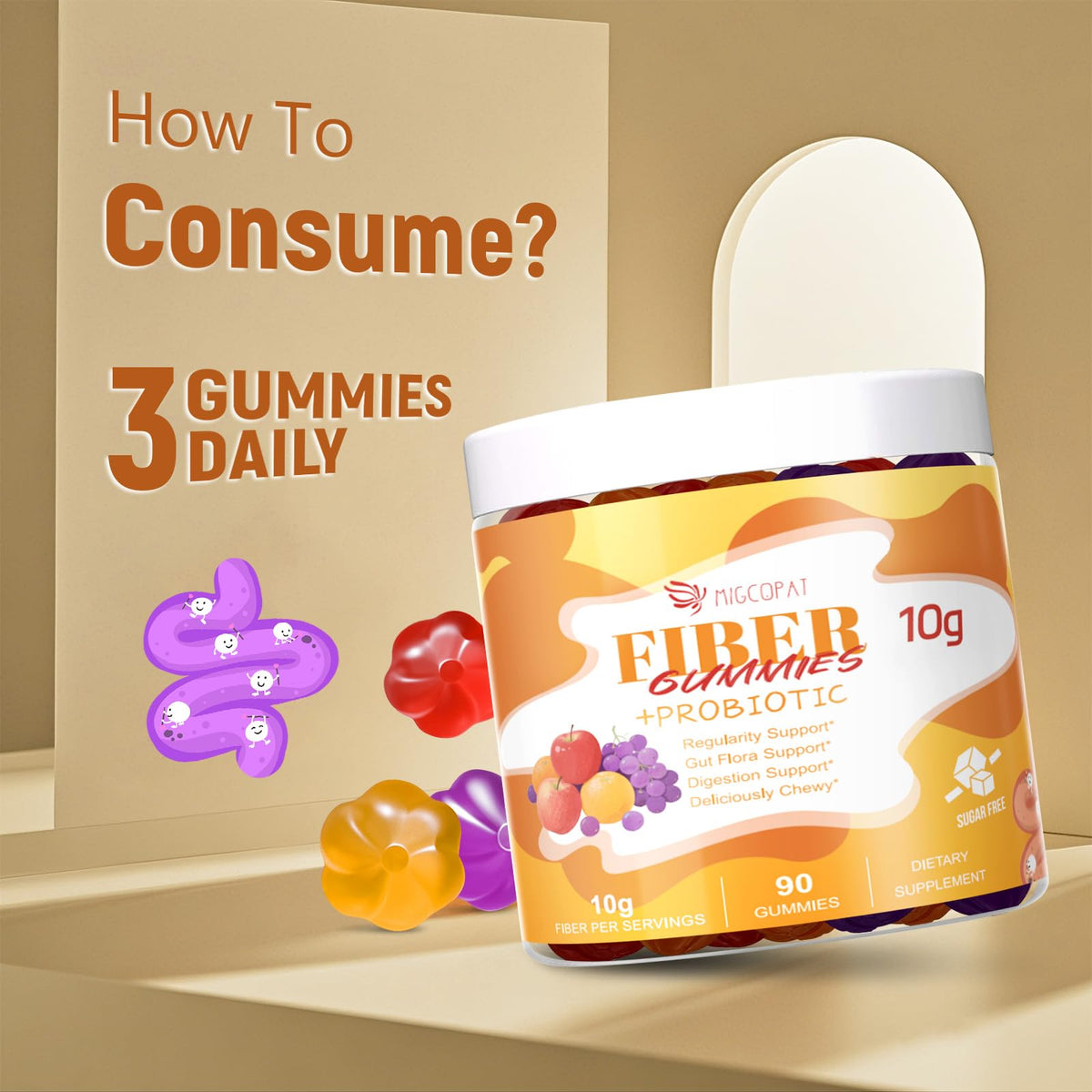 Migcopat 10G Fiber Gummies for Adults - Support Digestive Health - Fiber Supplement with 30 Billion CFU Probiotics Blend, ACV, Vitamin C, Inulin - No Sugar Added - Fruit Flavored - 180 Count - PrimeBioHealth - canada supplements