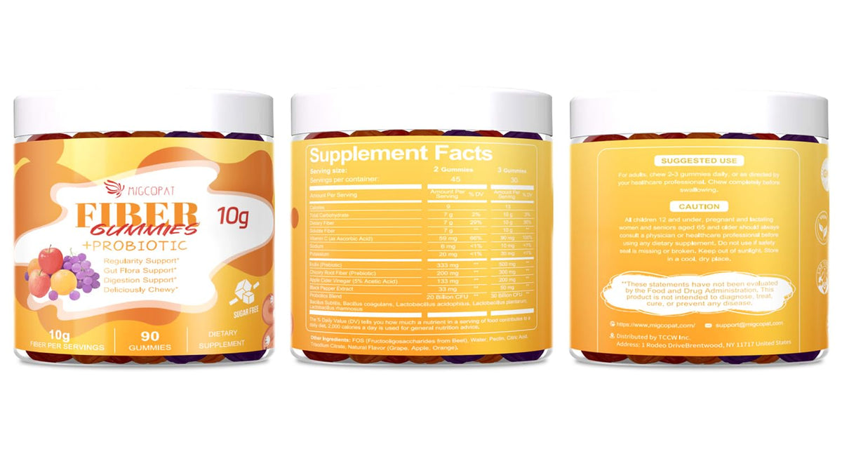 Migcopat 10G Fiber Gummies for Adults - Support Digestive Health - Fiber Supplement with 30 Billion CFU Probiotics Blend, ACV, Vitamin C, Inulin - No Sugar Added - Fruit Flavored - 180 Count - PrimeBioHealth - canada supplements