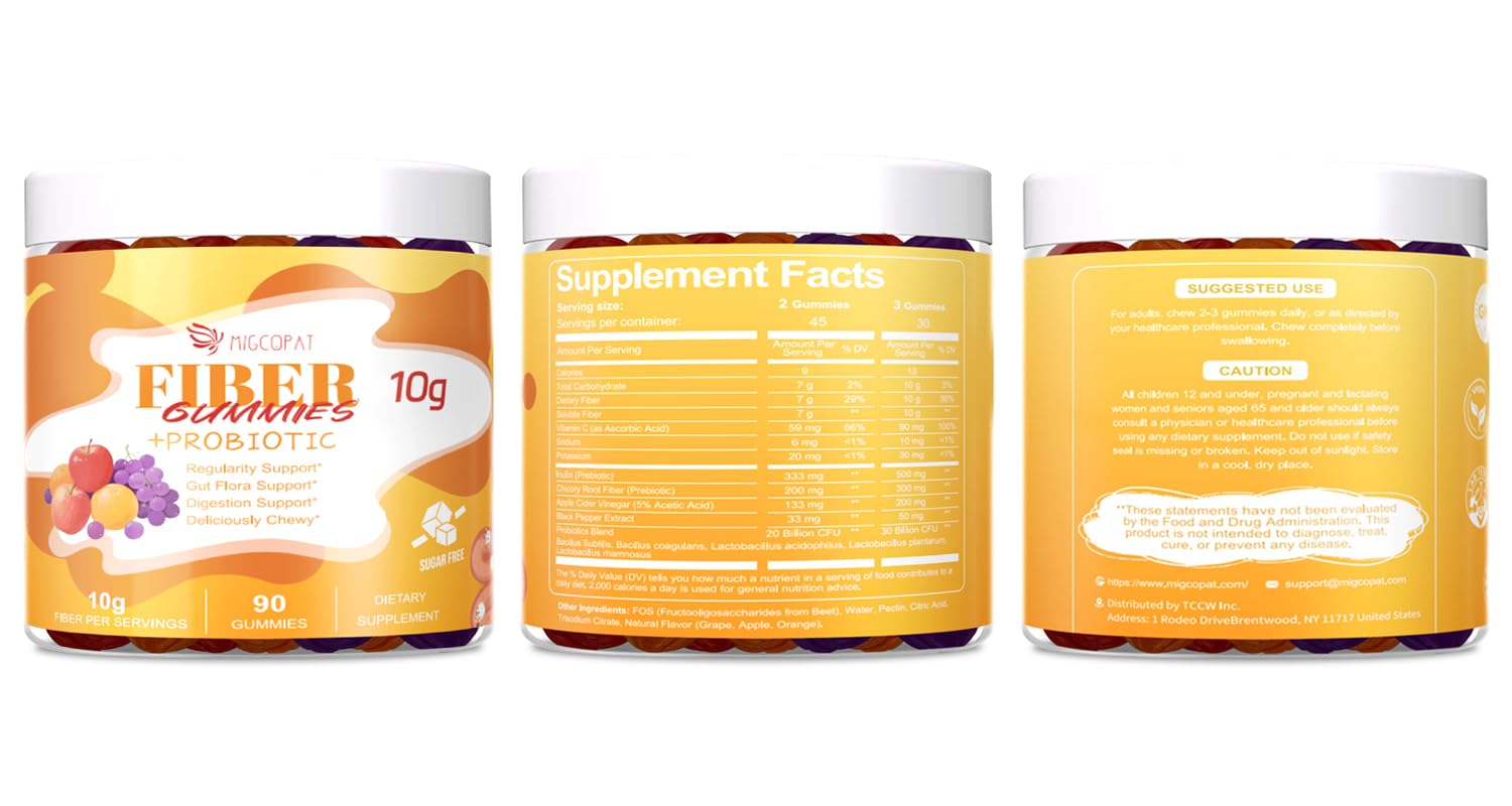 Migcopat 10G Fiber Gummies for Adults - Support Digestive Health - Fiber Supplement with 30 Billion CFU Probiotics Blend, ACV, Vitamin C, Inulin - No Sugar Added - Fruit Flavored - 180 Count - PrimeBioHealth - canada supplements