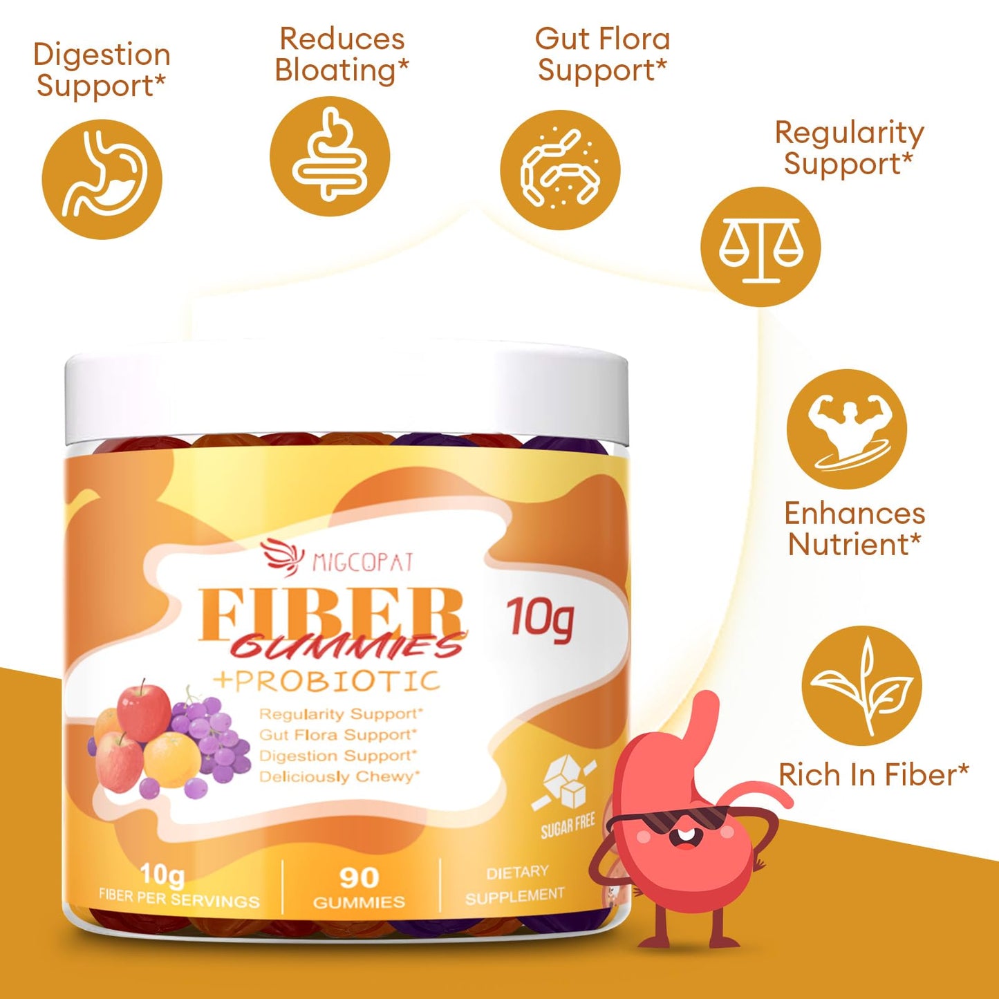 Migcopat 10G Fiber Gummies with Probiotics, Fiber Supplement with 30 Billion CFU Probiotics Blend, ACV, Vitamin C, Inulin - Support Digestive Health - PrimeBioHealth - canada supplements