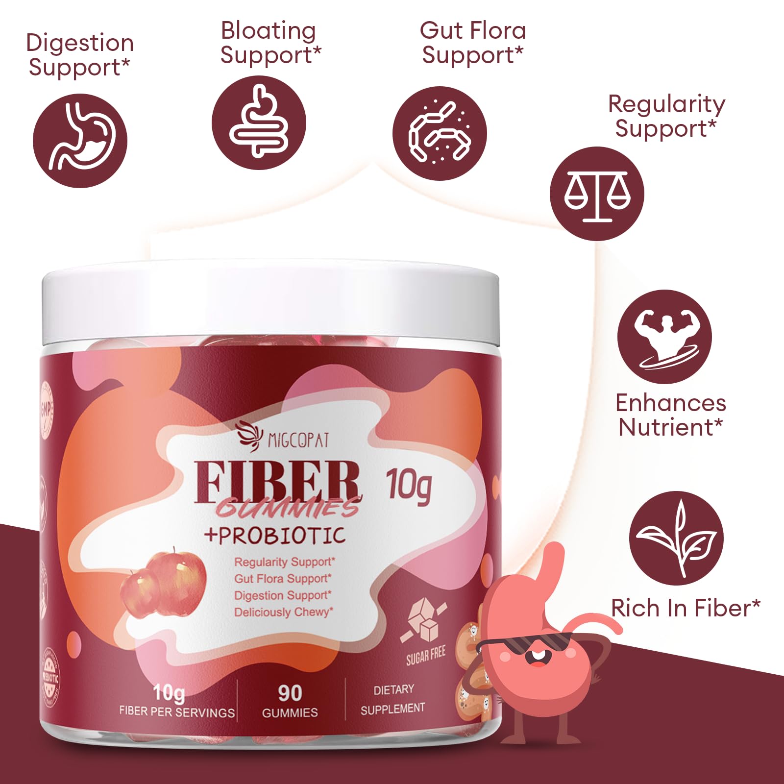 Migcopat Fiber Gummies with Probiotics,10G Fiber per Serving No Sugar Added Apple Flavor, with 10 Billion CFU Probiotics Blend, Apple Cider Vinegar, - PrimeBioHealth - canada supplements