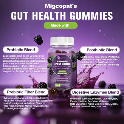 Migcopat Pre Post Probiotics Gummies, Probiotic Prebiotic Postbiotic Digestive Enzymes with Fiber, 120 Billion CFU Probiotics Complete Gut Support, Sugar Free - PrimeBioHealth - canada supplements