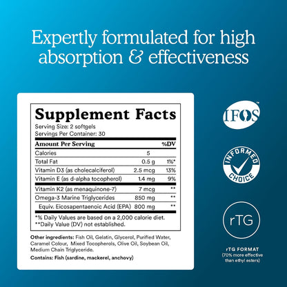 MitoQ Advanced EPA Omega-3 – High-Purity 800mg EPA Fish Oil Supplement | with Vitamin K2, D3, E | Cardiovascular, Brain, Cellular Support | No Fishy Aftertaste | 60 Softgels - PrimeBioHealth - canada supplements