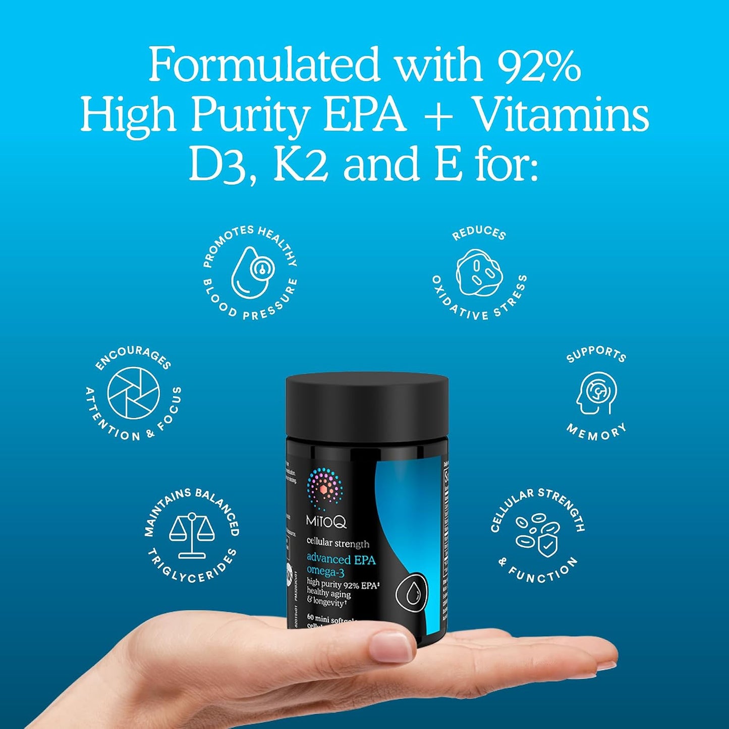 MitoQ Advanced EPA Omega-3 – High-Purity 800mg EPA Fish Oil Supplement | with Vitamin K2, D3, E | Cardiovascular, Brain, Cellular Support | No Fishy Aftertaste | 60 Softgels - PrimeBioHealth - canada supplements