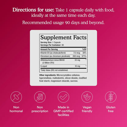 MitoQ Hormonal Metabolic Control – S-Equol, B. Breve Probiotic & Chromium Supplement for Women, Supporting Healthy Estrogen Signaling & Metabolic Function, 30 Capsules - PrimeBioHealth - canada supplements
