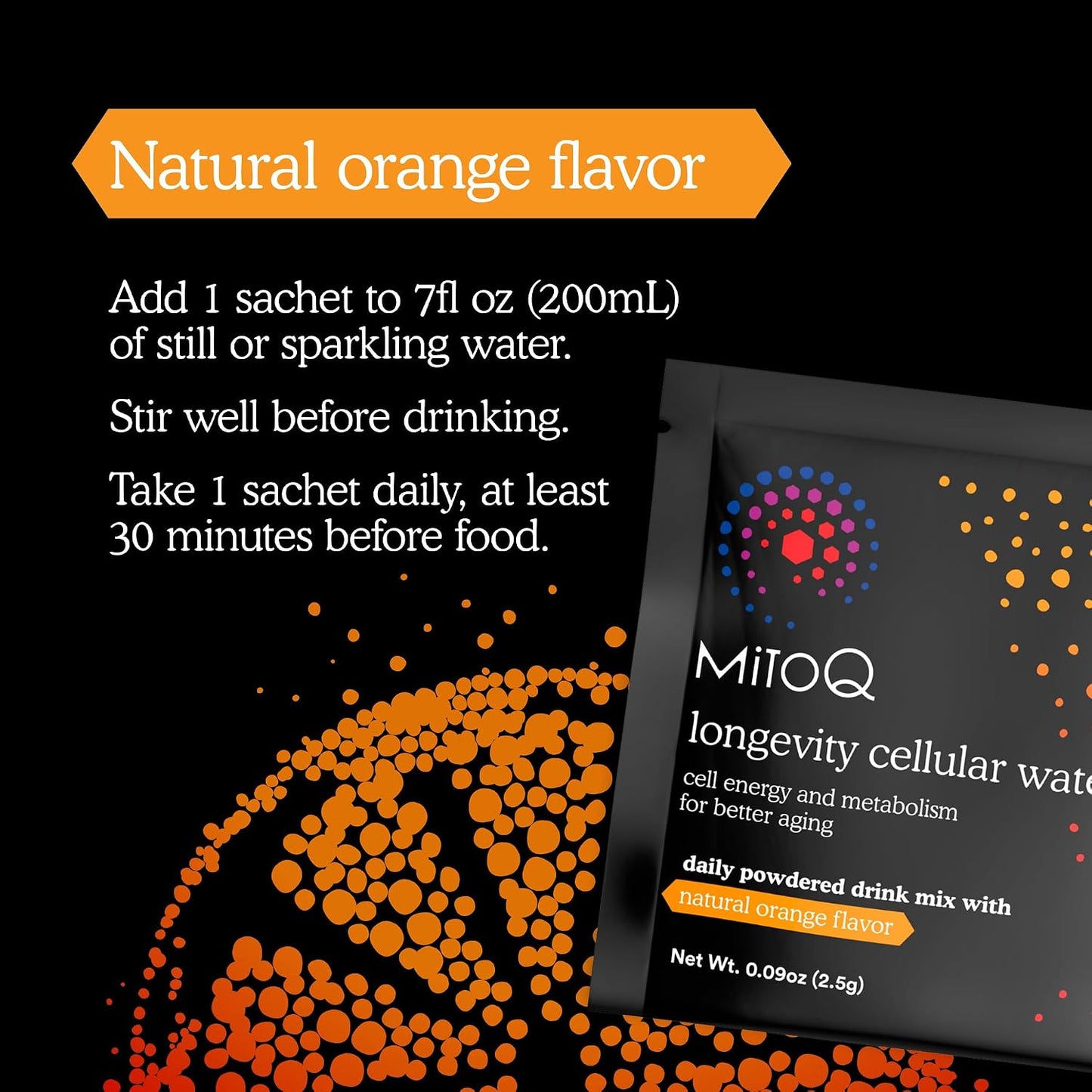 MitoQ Longevity Cellular Water Daily Powdered Drink Mix Natural Orange Flavor - Mitochondria-targeted Antioxidant - Cell Energy and Metabolism for Better Aging (Orange, 30 Packets) - PrimeBioHealth - canada supplements