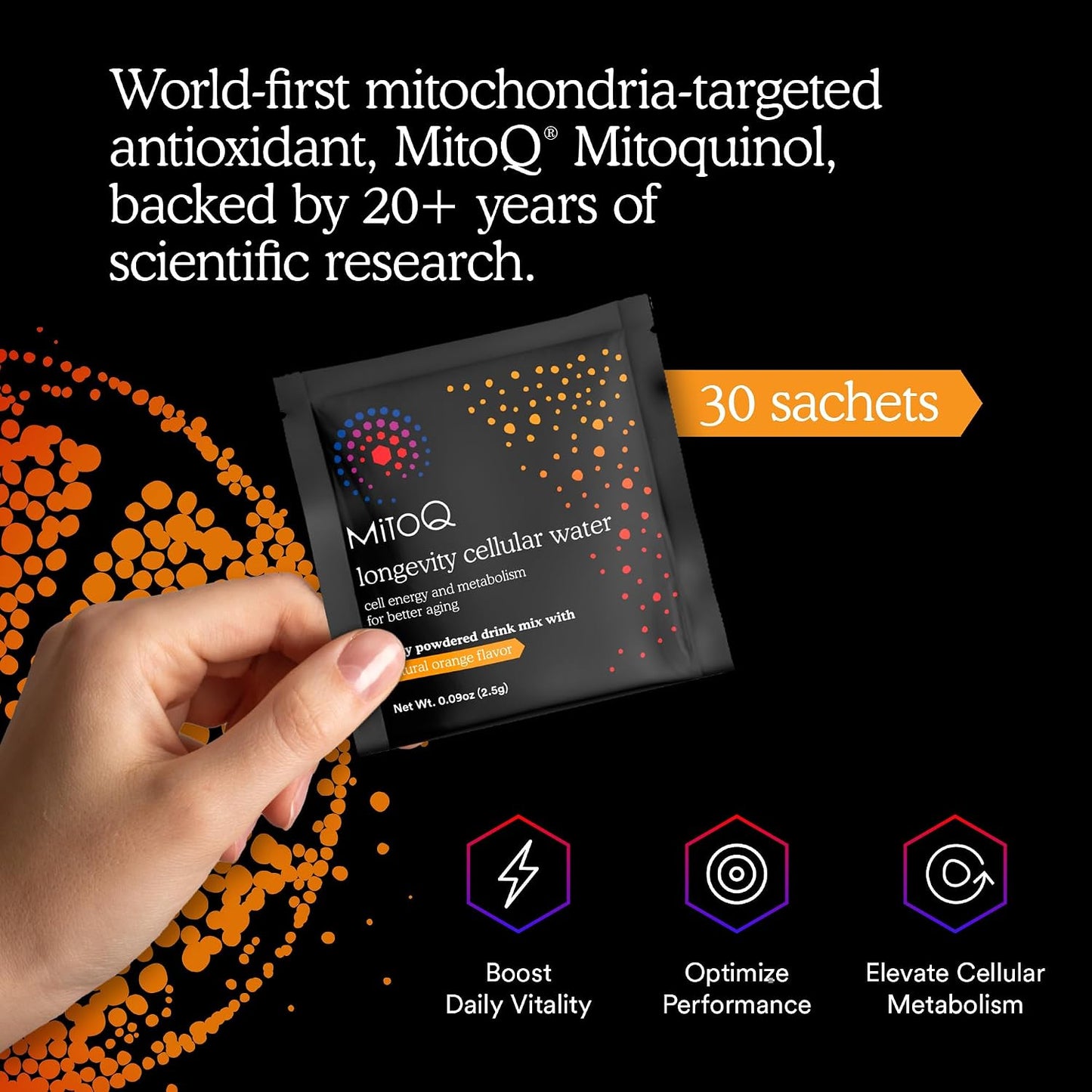 MitoQ Longevity Cellular Water Daily Powdered Drink Mix Natural Orange Flavor - Mitochondria-targeted Antioxidant - Cell Energy and Metabolism for Better Aging (Orange, 30 Packets) - PrimeBioHealth - canada supplements