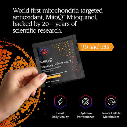 MitoQ Longevity Cellular Water Daily Powdered Drink Mix Natural Orange Flavor - Mitochondria-targeted Antioxidant - Cell Energy and Metabolism for Better Aging (Orange, 30 Packets) - PrimeBioHealth - canada supplements