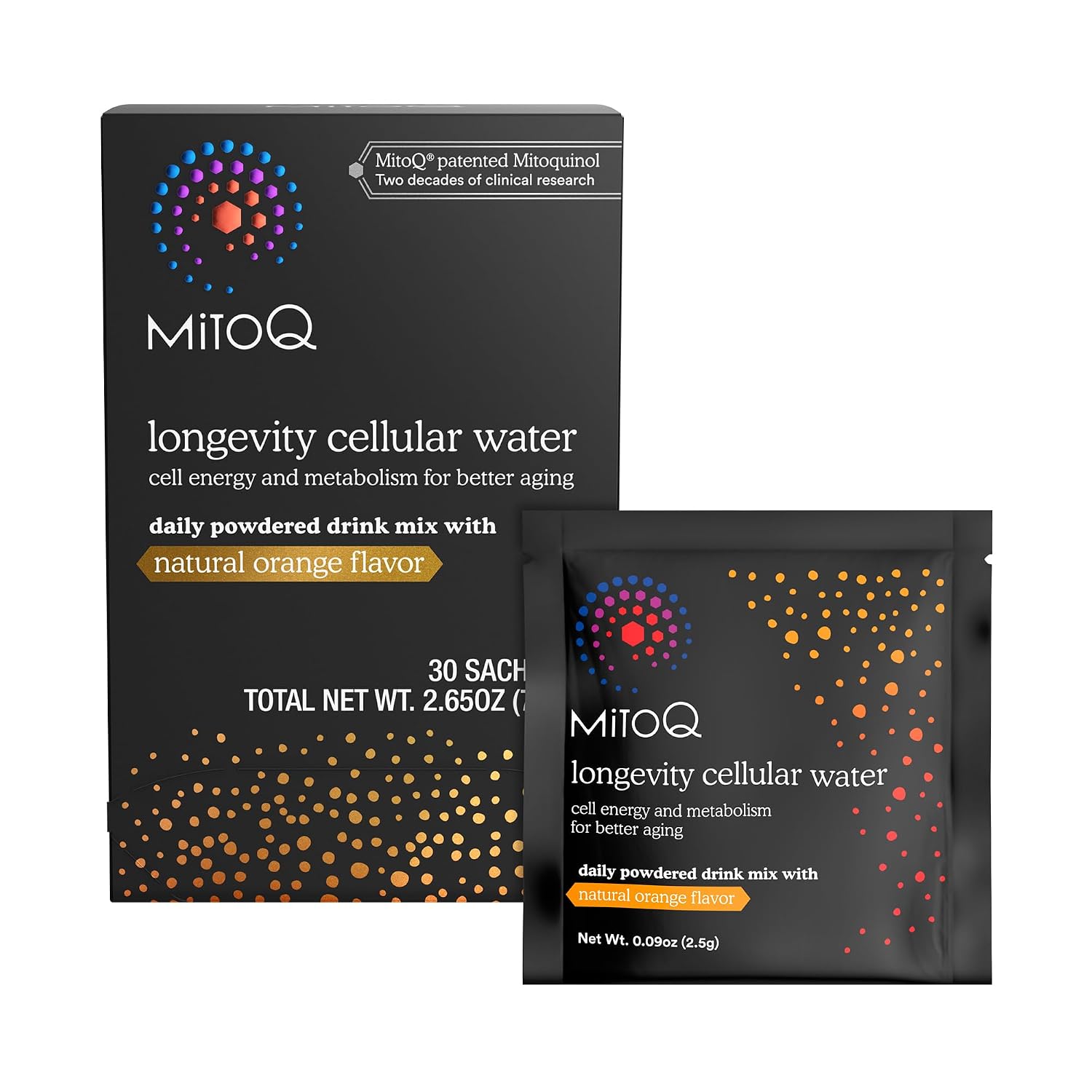MitoQ Longevity Cellular Water Daily Powdered Drink Mix Natural Orange Flavor - Mitochondria-targeted Antioxidant - Cell Energy and Metabolism for Better Aging (Orange, 30 Packets) - PrimeBioHealth - canada supplements