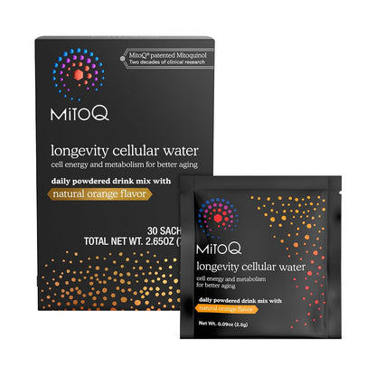 MitoQ Longevity Cellular Water Daily Powdered Drink Mix Natural Orange Flavor - Mitochondria-targeted Antioxidant - Cell Energy and Metabolism for Better Aging (Orange, 30 Packets) - PrimeBioHealth - canada supplements