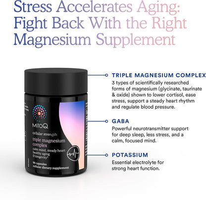 MitoQ Triple Magnesium Complex - Magnesium Glycinate, Taurinate, and Oxide with GABA for Heart Health, Stress Management, and Deeper Sleep - High Absorption Relaxation Supplement (90 Capsules) - PrimeBioHealth - canada supplements