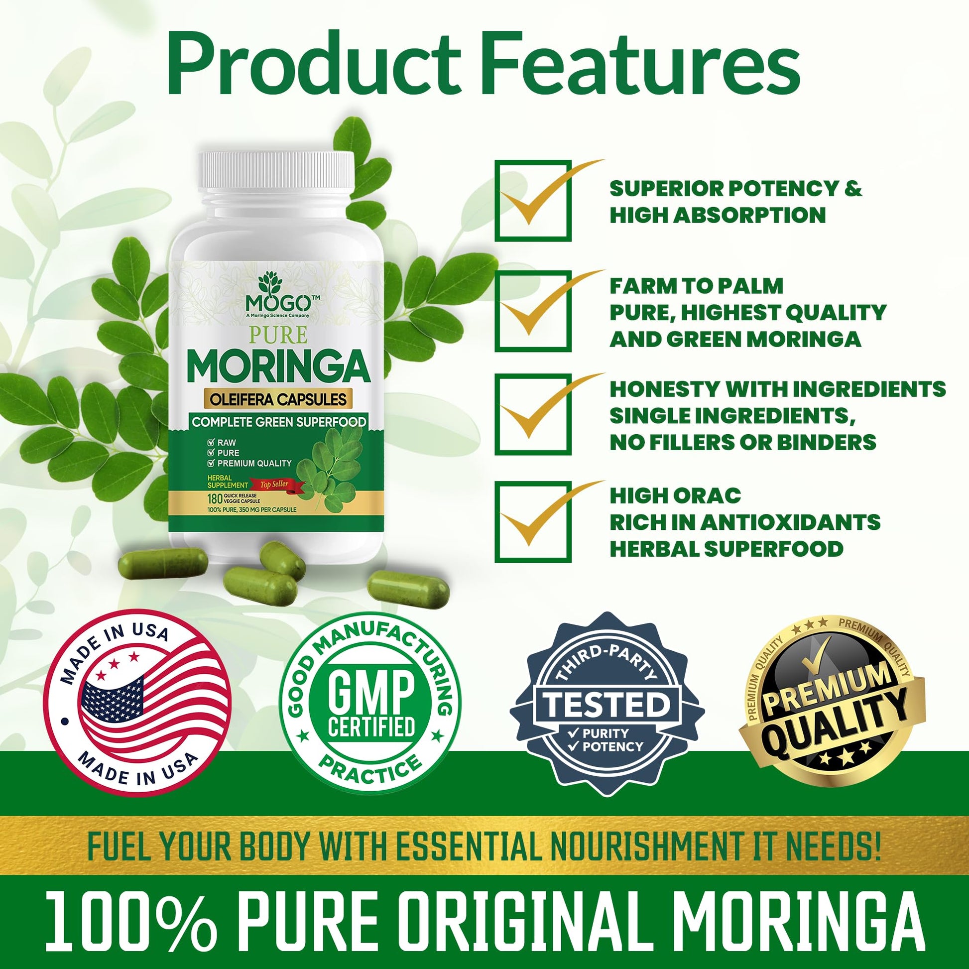 MOGO Moringa Capsules -180 Ct| Boost Energy, Immune, Gut, Joint Support | Made with Pure Organic Moringa Powder Organic Capsules | Made in USA - PrimeBioHealth - canada supplements
