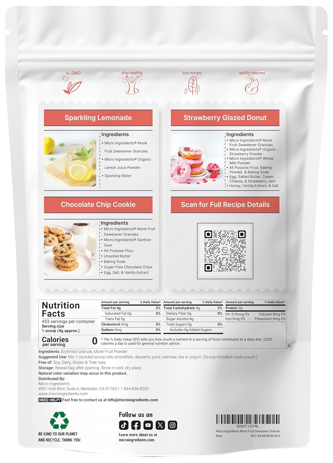 Monk Fruit Sweetener with Erythritol Granules, 4 Pounds, No After Taste, 1:1 White Sugar Substitute, Keto Diet Friendly, Zero Calorie, Natural Sweetener for Drinks, Coffee, Tea, Cookies, No-GMO, Vegan - PrimeBioHealth - canada supplements