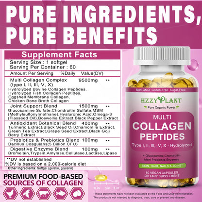 Multi Collagen Peptides Softgel - Type I, II, III, V, X - Hydrolyzed Collagen Peptides with Biotin Vitamin C Hyaluronic Acid for Women & Men, Supports Skin Hair Nail & Joint, Non-GMO, 60 Servings - PrimeBioHealth - canada supplements