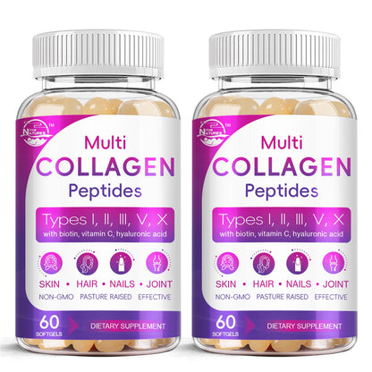 Multi Collagen Peptides Softgel - Type I, II, III, V, X - Hydrolyzed Collagen Peptides with Biotin, Vitamin C, Hyaluronic Acid, Supports Skin Hair Nail - PrimeBioHealth - canada supplements