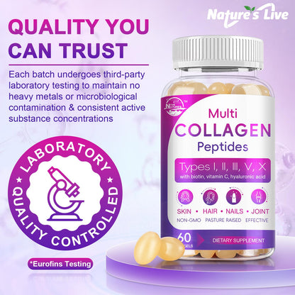 Multi Collagen Peptides Softgel - Type I, II, III, V, X - Hydrolyzed Collagen Peptides with Biotin, Vitamin C, Hyaluronic Acid, Supports Skin Hair Nail - PrimeBioHealth - canada supplements