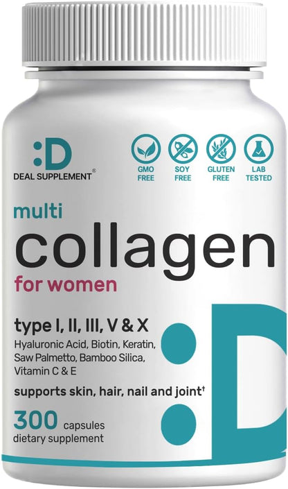 Multi Collagen Pills for Women & Men with Vitamin C, E & Biotin, 300 Capsules – Type I, II, III, V, X Hydrolyzed Collagen Peptides – 11 in 1 Formula with Saw Palmetto, Bamboo Silica, & Hyaluronic Acid - PrimeBioHealth - canada supplements