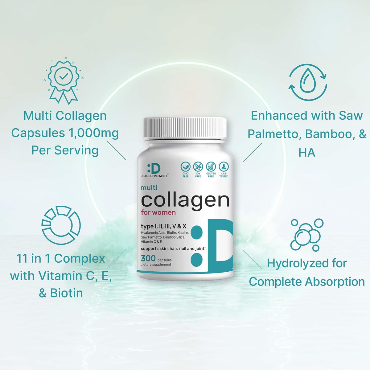 Multi Collagen Pills for Women & Men with Vitamin C, E & Biotin, 300 Capsules – Type I, II, III, V, X Hydrolyzed Collagen Peptides – 11 in 1 Formula with Saw Palmetto, Bamboo Silica, & Hyaluronic Acid - PrimeBioHealth - canada supplements