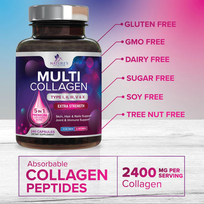 Multi Collagen Pills - Multi Collagen Complex 2400 mg Per Serving - Types I, II, III, V, X - Hydrolyzed Collagen Peptides Supplement - Hair, Skin & Nail Support - PrimeBioHealth - canada supplements