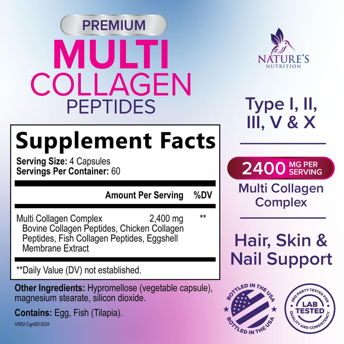 Multi Collagen Pills - Multi Collagen Complex 2400 mg Per Serving - Types I, II, III, V, X - Hydrolyzed Collagen Peptides Supplement - Hair, Skin & Nail Support - PrimeBioHealth - canada supplements