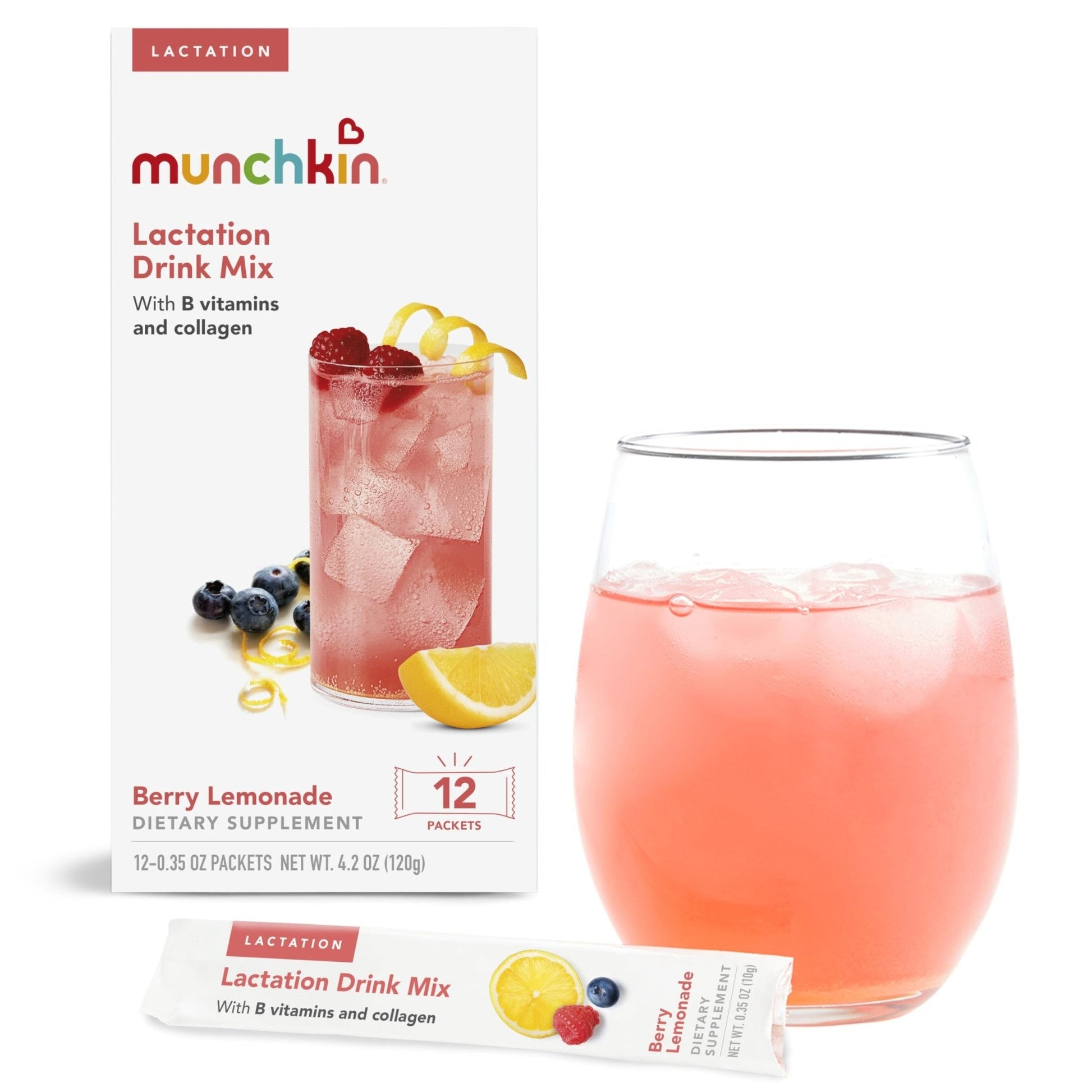 Munchkin Milkmakers Lactation Drink Mix Supplement with B Vitamins/Collagen/Fenugreek & Milk Thistle for Breastfeeding Moms, Berry Lemonade, 12 Count - PrimeBioHealth - canada supplements