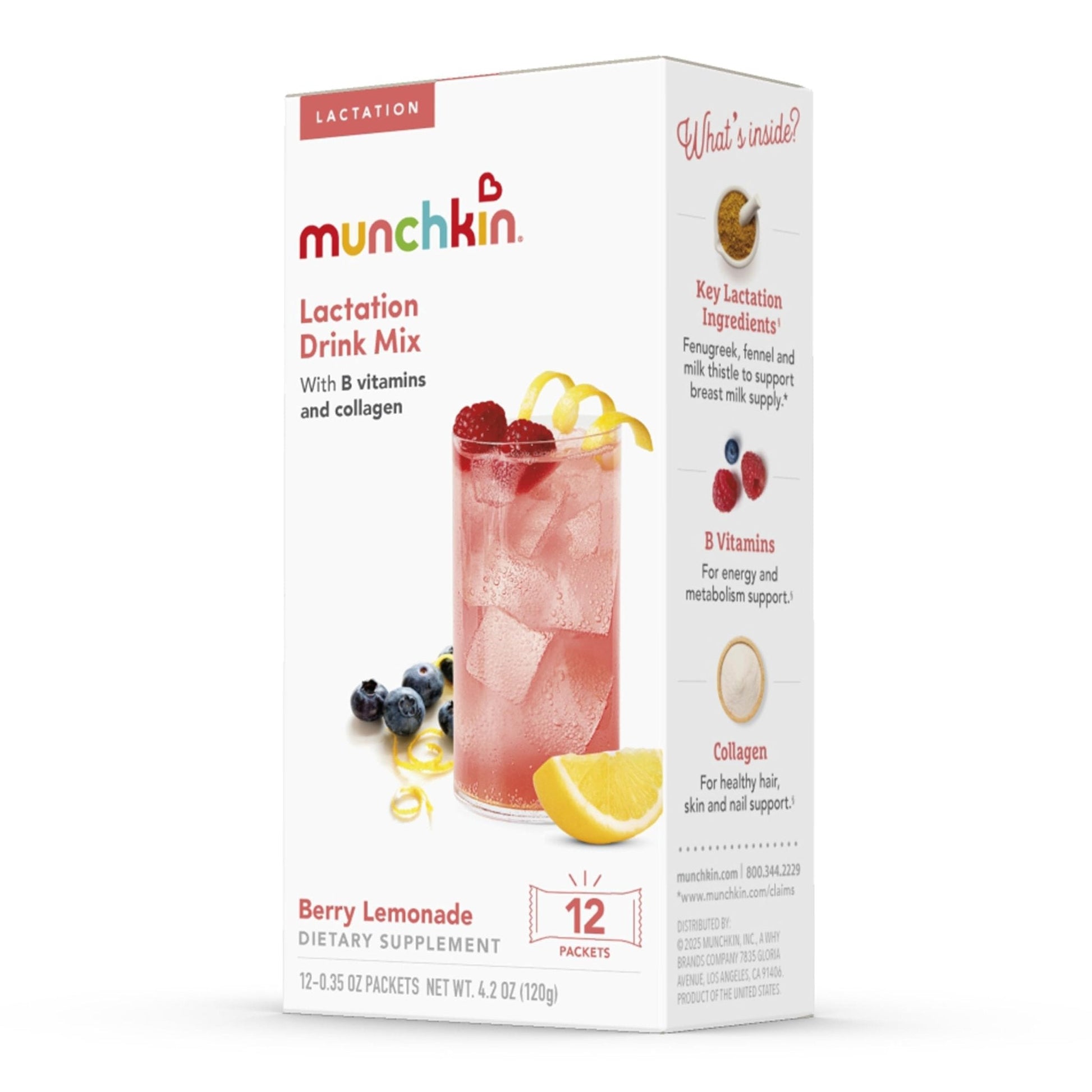 Munchkin Milkmakers Lactation Drink Mix Supplement with B Vitamins/Collagen/Fenugreek & Milk Thistle for Breastfeeding Moms, Berry Lemonade, 12 Count - PrimeBioHealth - canada supplements