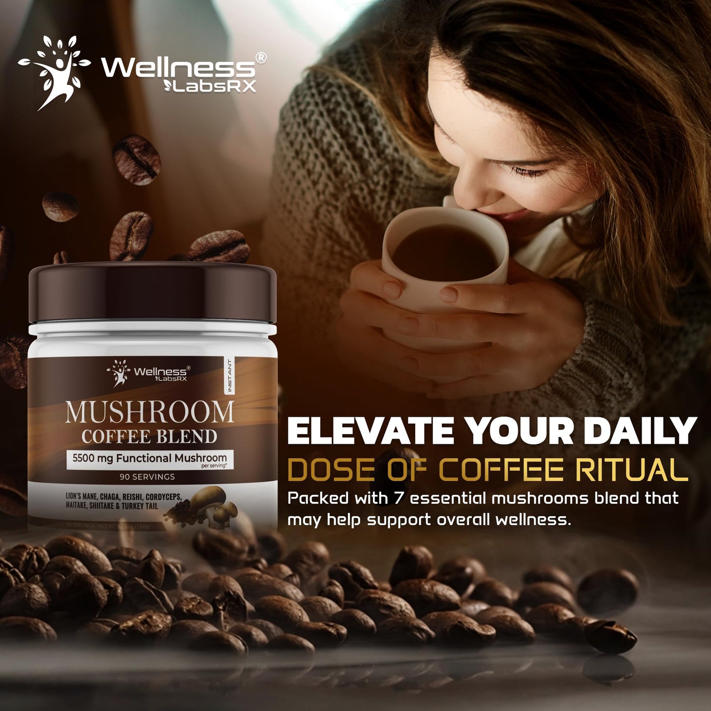 Mushroom Coffee, 90 Servings Organic Mushrooms Instant Coffea, Great Tasting Colombian Keto Coffee, 7 Superfood Mishrooms Lions Mane, Chaga, Reishi, Cordyceps, Maitake, Shiitake, and Turkey Tail - PrimeBioHealth - canada supplements