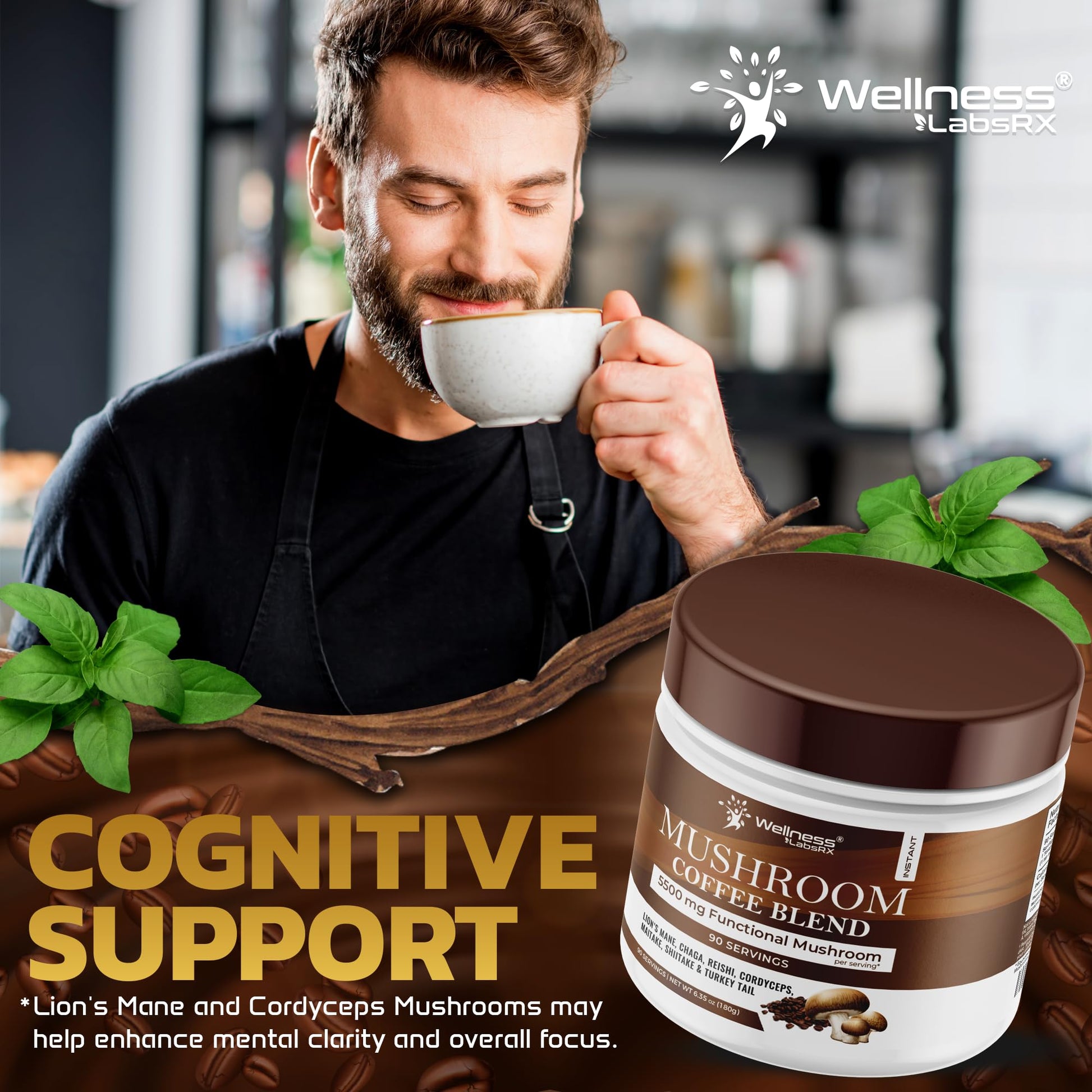 Mushroom Coffee, 90 Servings Organic Mushrooms Instant Coffea, Great Tasting Colombian Keto Coffee, 7 Superfood Mishrooms Lions Mane, Chaga, Reishi, Cordyceps, Maitake, Shiitake, and Turkey Tail - PrimeBioHealth - canada supplements