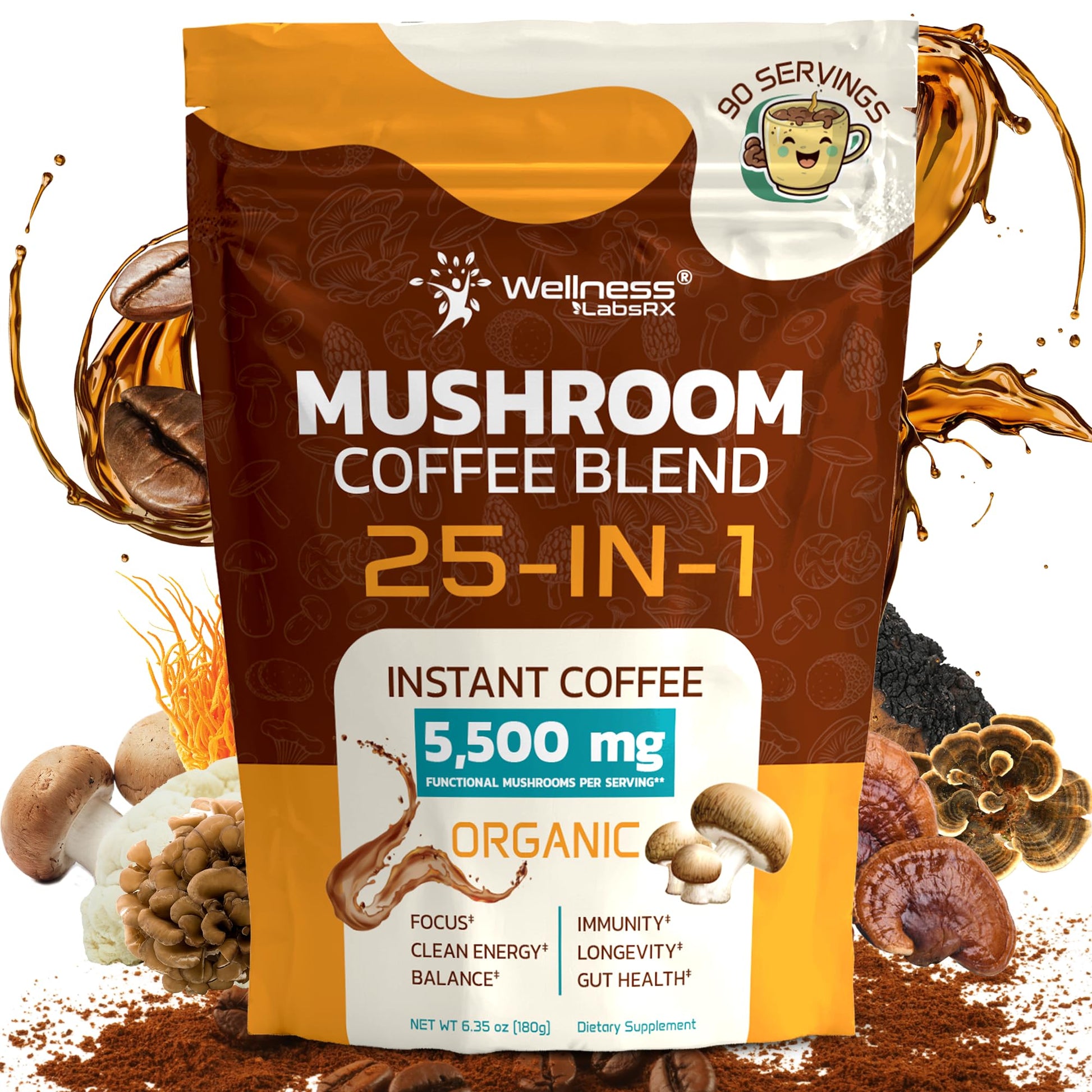 Mushroom Coffee Organic Instant Coffee, 25-in-1, Third-Party Tested Keto Friendly Lions Mane Supplement with Functional Mushrooms – Shiitake, Reishi, Lion’s Mane & More | Smooth, Rich Flavor - 90 Servings - PrimeBioHealth - canada supplements