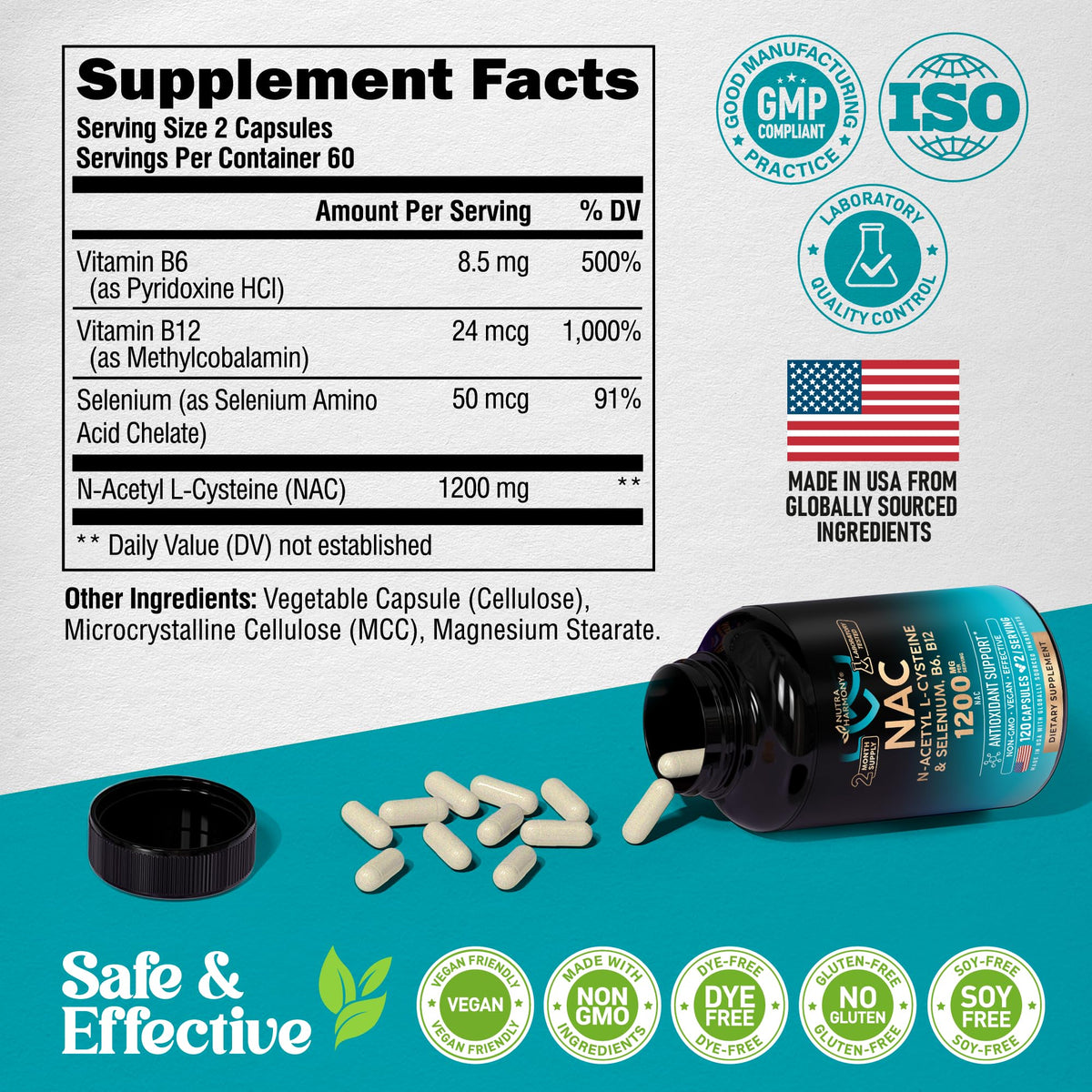 NAC Supplement | Selenium | B6 | B12 - Antioxidant, Immune Support - N Acetyl Cysteine 600 mg per Capsule, 1200 mg per Serving - Made in USA - Non-GMO, Gluten-Free - PrimeBioHealth - canada supplements