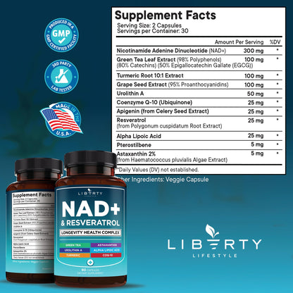 NAD+ Supplement Complex – NAD+ 300 mg with Astaxanthin, Urolithin A, Resveratrol, CoQ10 & Antioxidant Blend – Cellular Energy, Mitochondrial Support or Women & Men – Vegan, Non-GMO- 120 Capsules - PrimeBioHealth - canada supplements