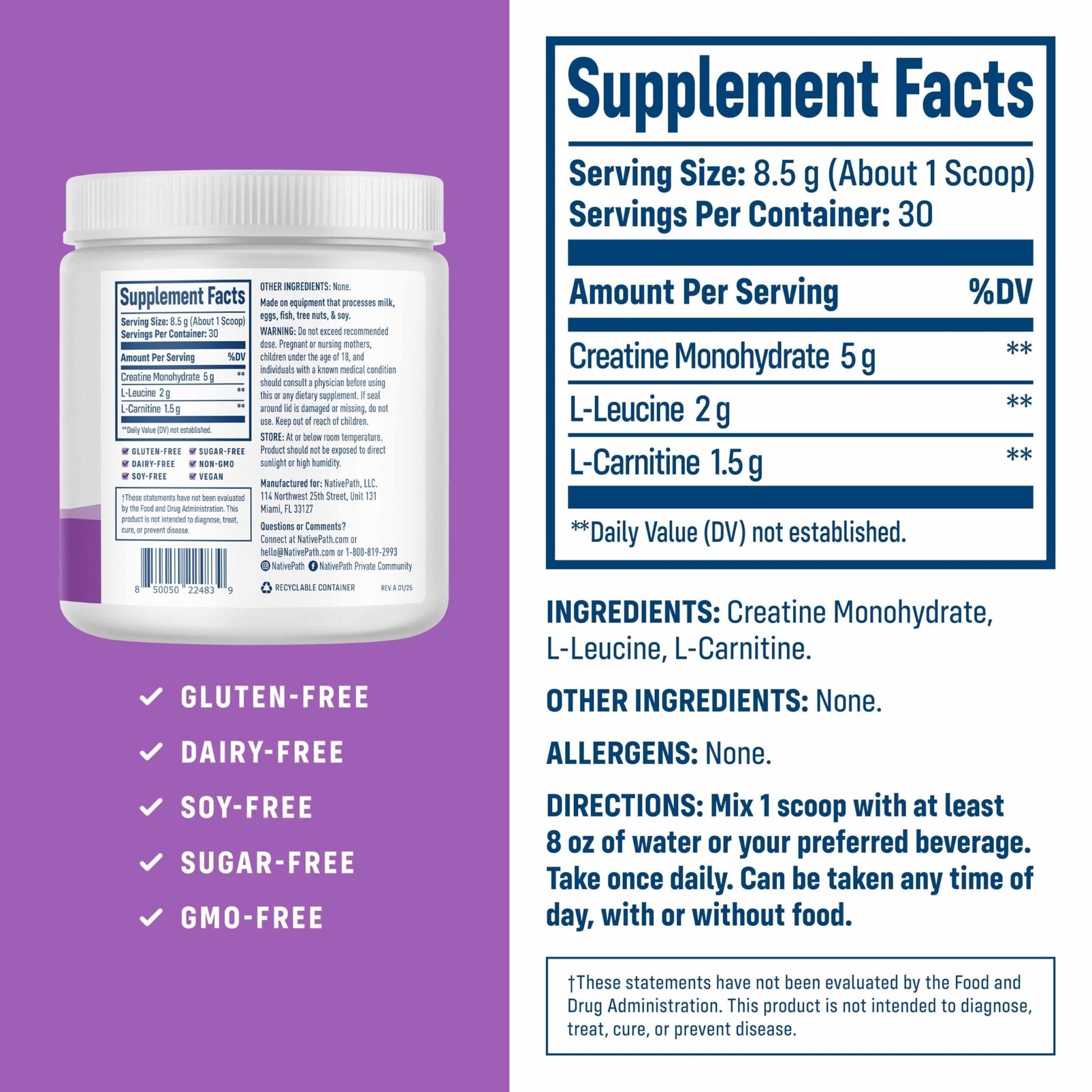 NativePath Creatine Monohydrate Powder with L-Leucine & L-Carnitine - Supports Muscle Health for Men & Women - 30 Servings - PrimeBioHealth - canada supplements