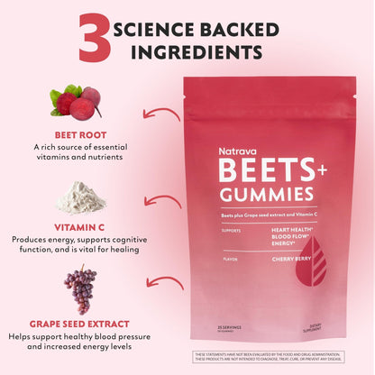 Natrava Beets+ Gummies - Premium Beet Root Powder, Grape Seed Extract and Vitamin C - Supports Healthy Blood Pressure and Heart Health - Low Sugar Nitric Oxide and Circulation Supplement - 50 Gummies - PrimeBioHealth - canada supplements