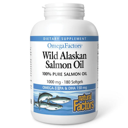 Natural Factors Wild Alaskan Salmon Oil Provides Omega-3, EPA, DHA & Vitamin D, Supports Brain & Heart Health, 180 Softgels - PrimeBioHealth - canada supplements
