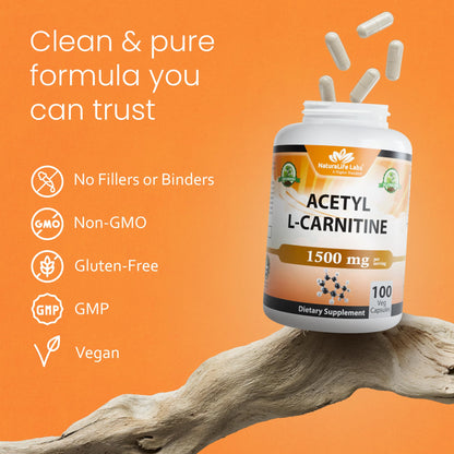 NaturaLife Labs Acetyl L-Carnitine (ALCAR) 1500 mg per Serving – 100 Capsules – Non-GMO, Gluten-Free, Vegan - PrimeBioHealth - canada supplements