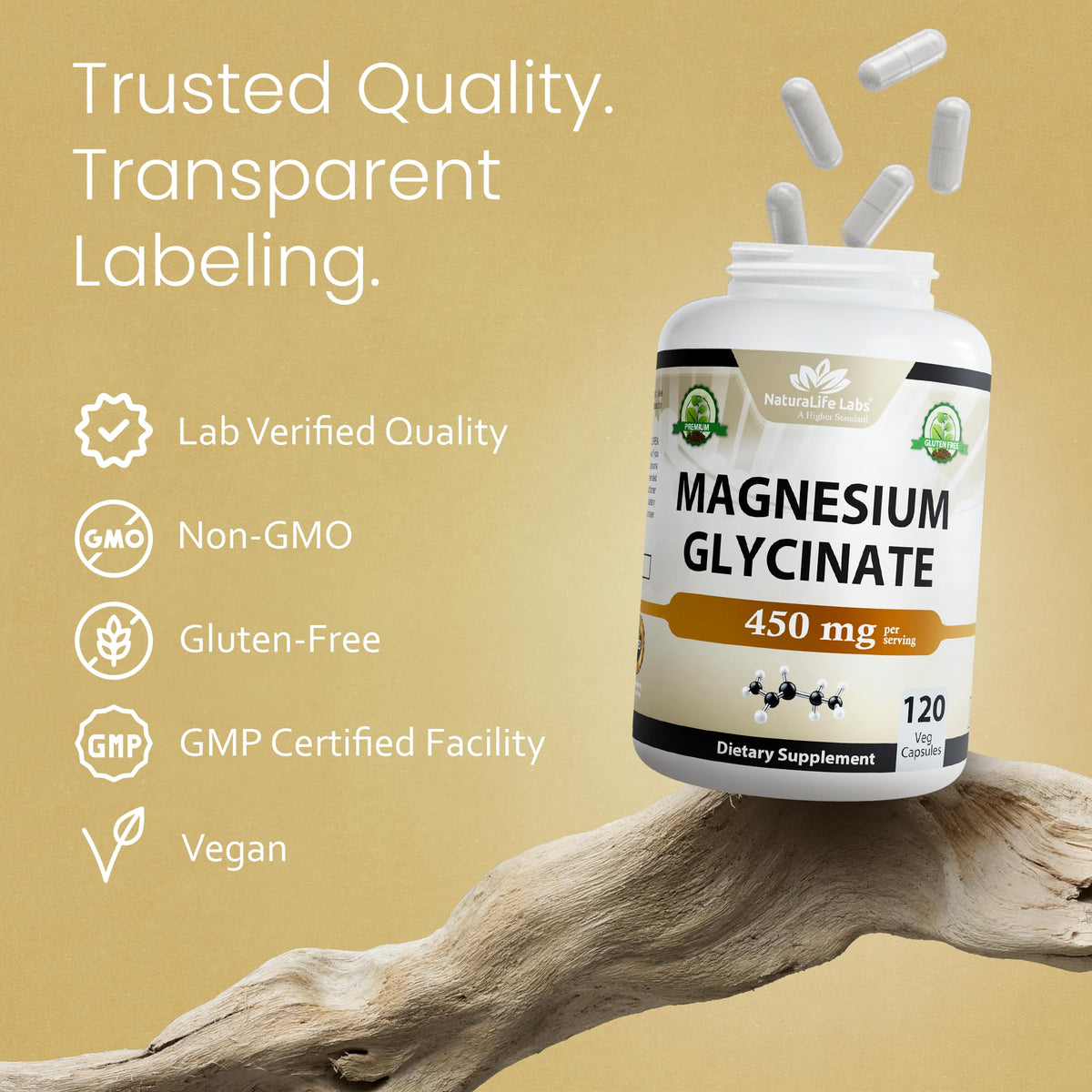 NaturaLife Labs Magnesium Glycinate - 450 mg per Serving – 120 Vegan Capsules - Non-GMO, Gluten-Free, Vegan - PrimeBioHealth - canada supplements