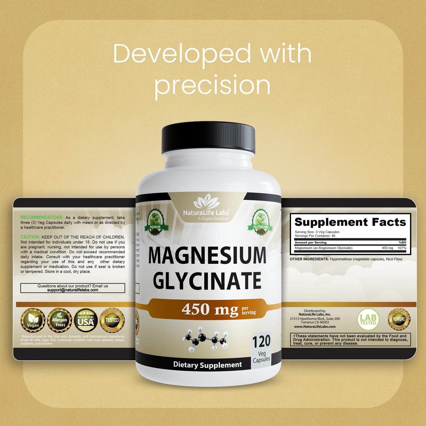 NaturaLife Labs Magnesium Glycinate - 450 mg per Serving – 120 Vegan Capsules - Non-GMO, Gluten-Free, Vegan - PrimeBioHealth - canada supplements