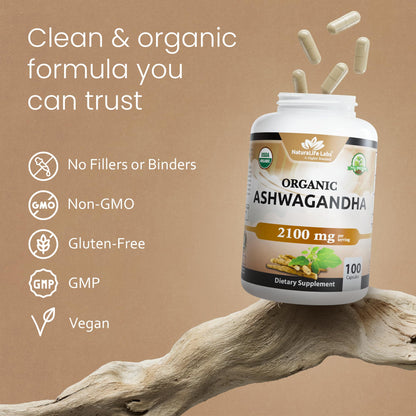 NaturaLife Labs Organic Ashwagandha 2100 mg per Serving – Herbal Supplement Root Powder & Extract – 100 Capsules – Vegan, Non-GMO, Gluten-Free - PrimeBioHealth - canada supplements