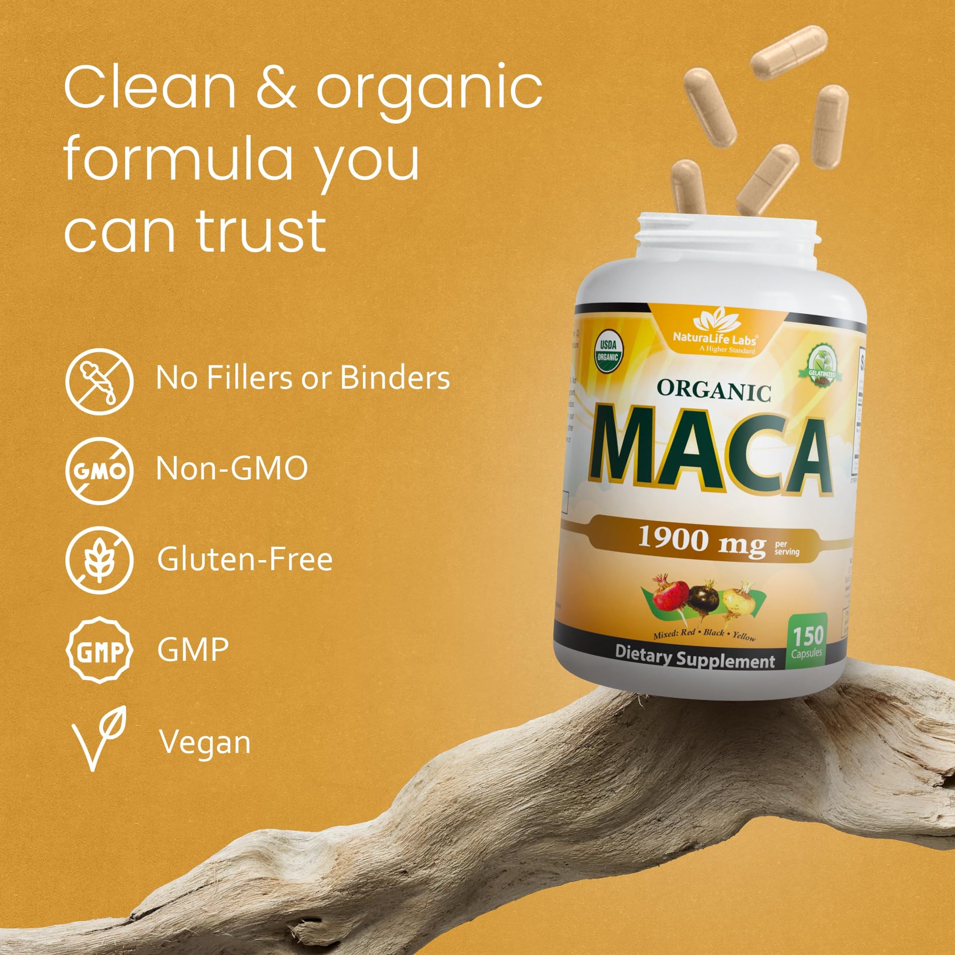 NaturaLife Labs Organic Maca Root – Black, Red & Yellow – 1900 mg per Serving – 150 Capsules – Gelatinized Peruvian Maca - PrimeBioHealth - canada supplements