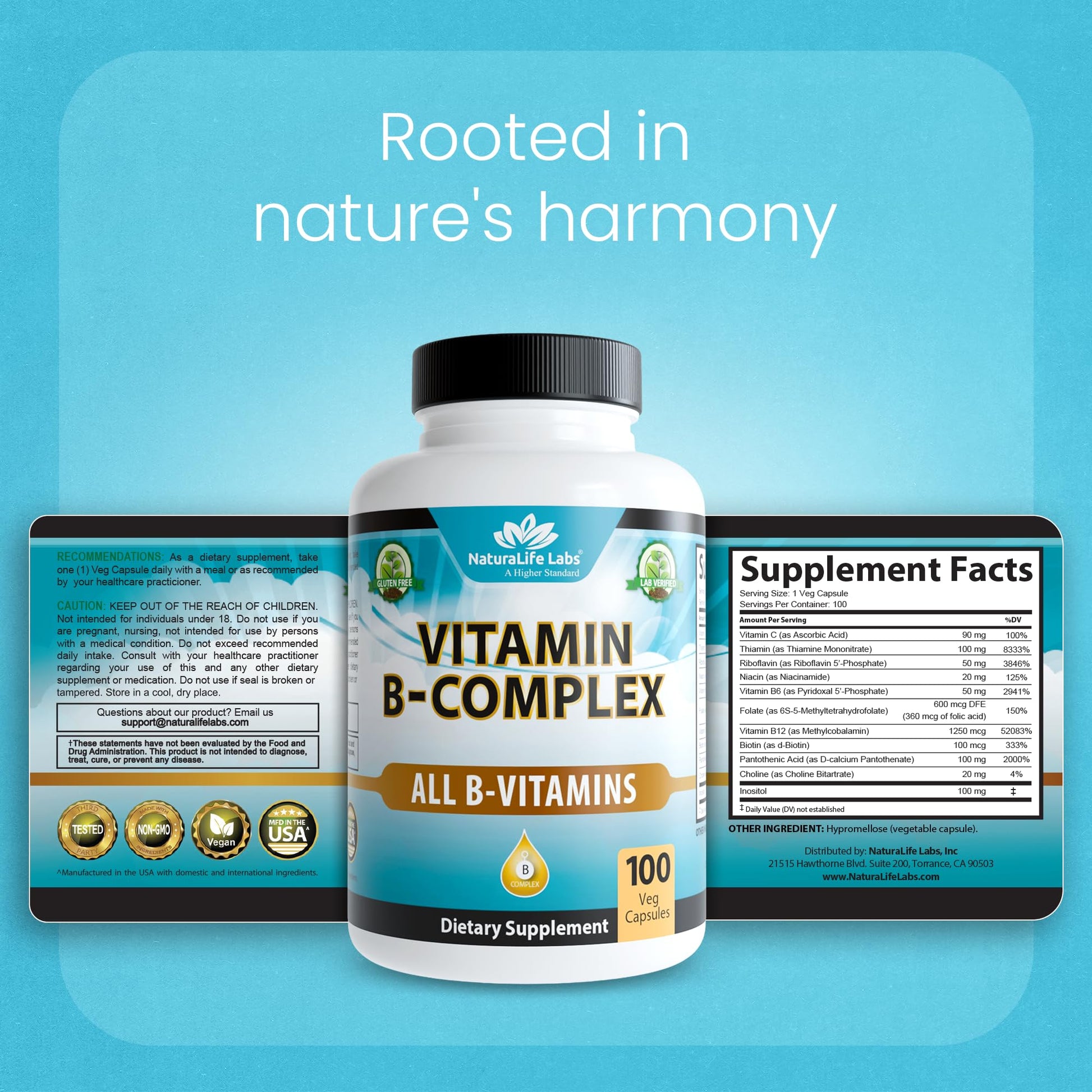 NaturaLife Labs Vitamin B Complex – All B Vitamins Including Active B2, B6, B9 & B12 (Methylcobalamin), Plus B1, B3, B5, B7 & Vitamin C – 100 Capsules - PrimeBioHealth - canada supplements