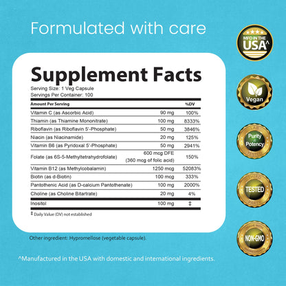 NaturaLife Labs Vitamin B Complex – All B Vitamins Including Active B2, B6, B9 & B12 (Methylcobalamin), Plus B1, B3, B5, B7 & Vitamin C – 100 Capsules - PrimeBioHealth - canada supplements