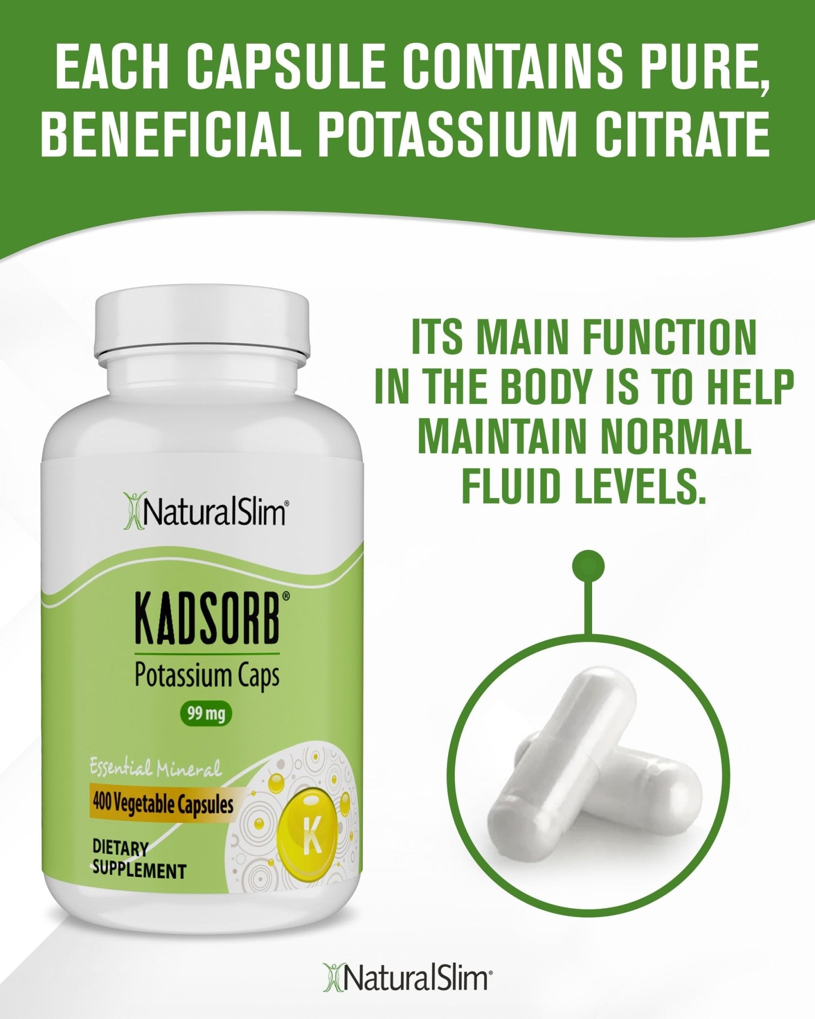 NaturalSlim Natural Potassium Citrate Gluconate 99 mg - Kadsorb Supports Electrolyte Balance & Normal pH - Absorbable Potassium Supplements - PrimeBioHealth - canada supplements