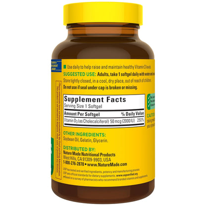 Nature Made Vitamin D3 2000 IU (50 mcg), Vitamin D Supplement for Bone, Teeth, Muscle and Immune Health Support, 250 Softgels, 250 Day Supply - PrimeBioHealth - canada supplements