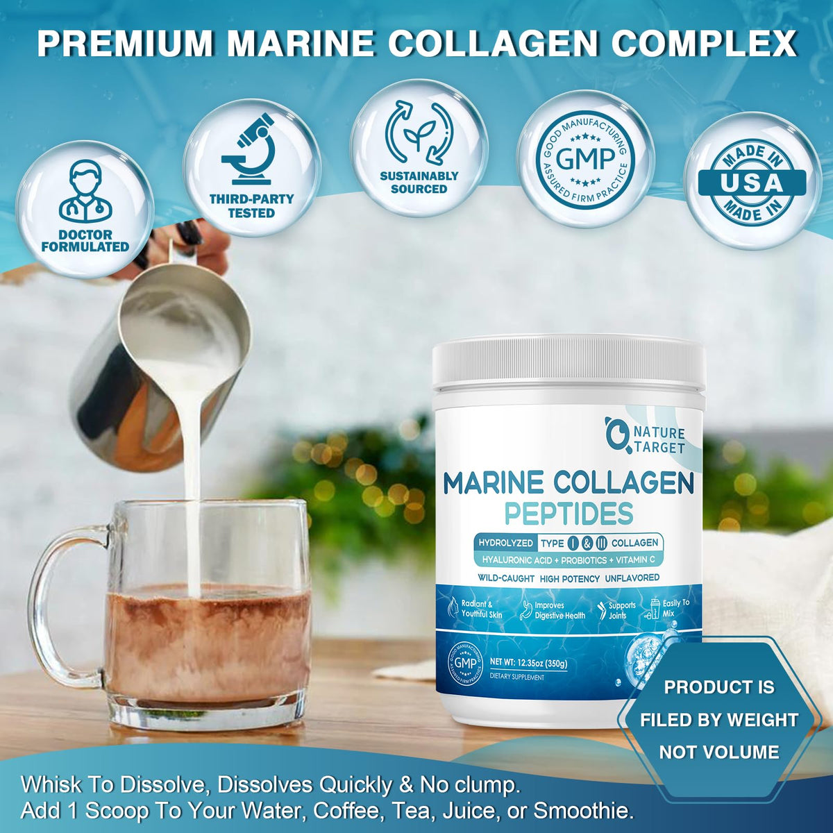 NATURE TARGET Marine Collagen Peptides Powder - Type I & III Collagen with Probiotics, Vitamin C & Hyaluronic Acid for Skin, Hair, Nails - PrimeBioHealth - canada supplements